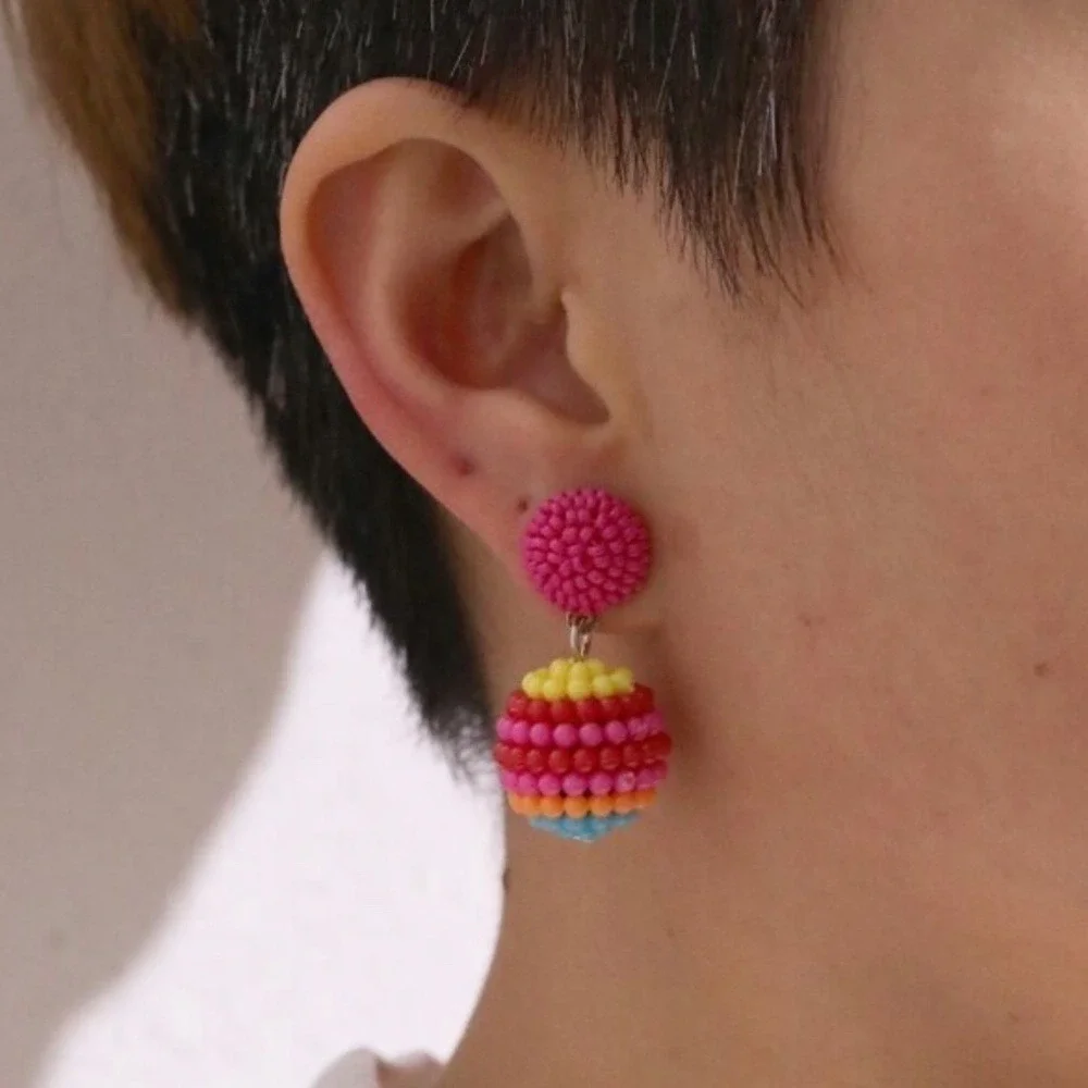 Colorful‎ Beaded Ball Drop Earrings Multicolor Rainbow Festival Boho Vacation